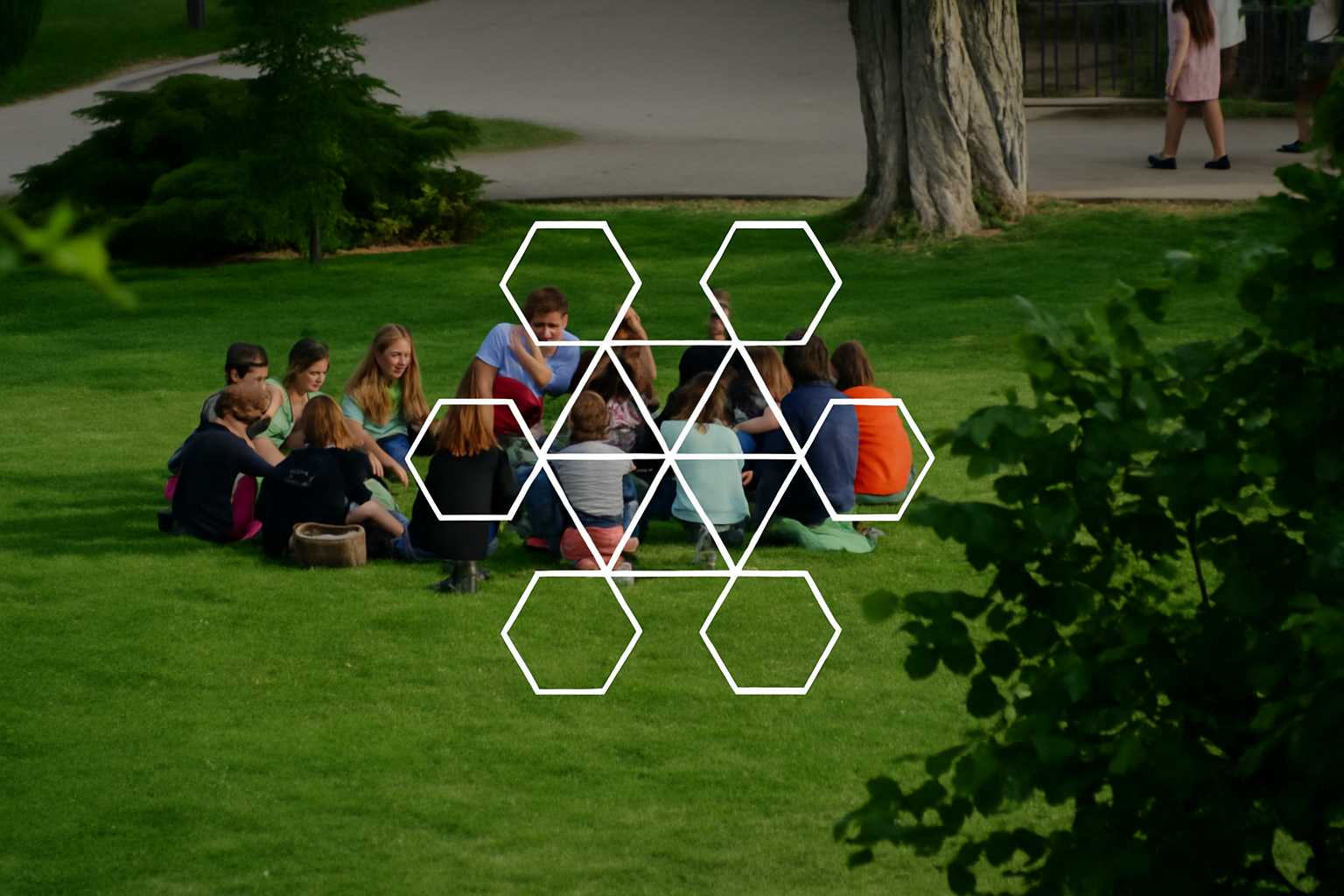 students with hexagram overlay